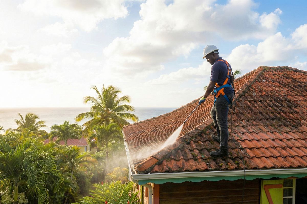 Nettoyage de toiture en tuiles en Martinique - maison avec tuiles propres
